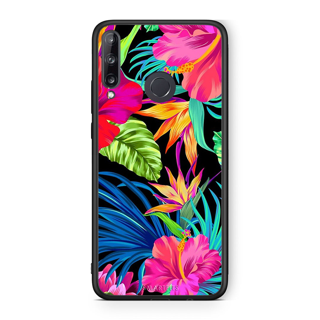 Huawei P40 Lite E Tropical Flowers θήκη από τη Smartfits με σχέδιο στο πίσω μέρος και μαύρο περίβλημα | Smartphone case with colorful back and black bezels by Smartfits