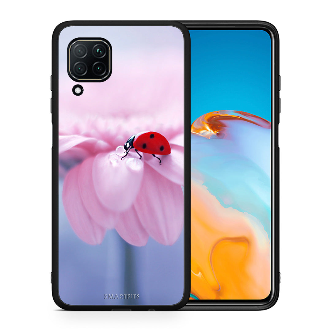 Θήκη Huawei P40 Lite Ladybug Flower από τη Smartfits με σχέδιο στο πίσω μέρος και μαύρο περίβλημα | Huawei P40 Lite Ladybug Flower case with colorful back and black bezels