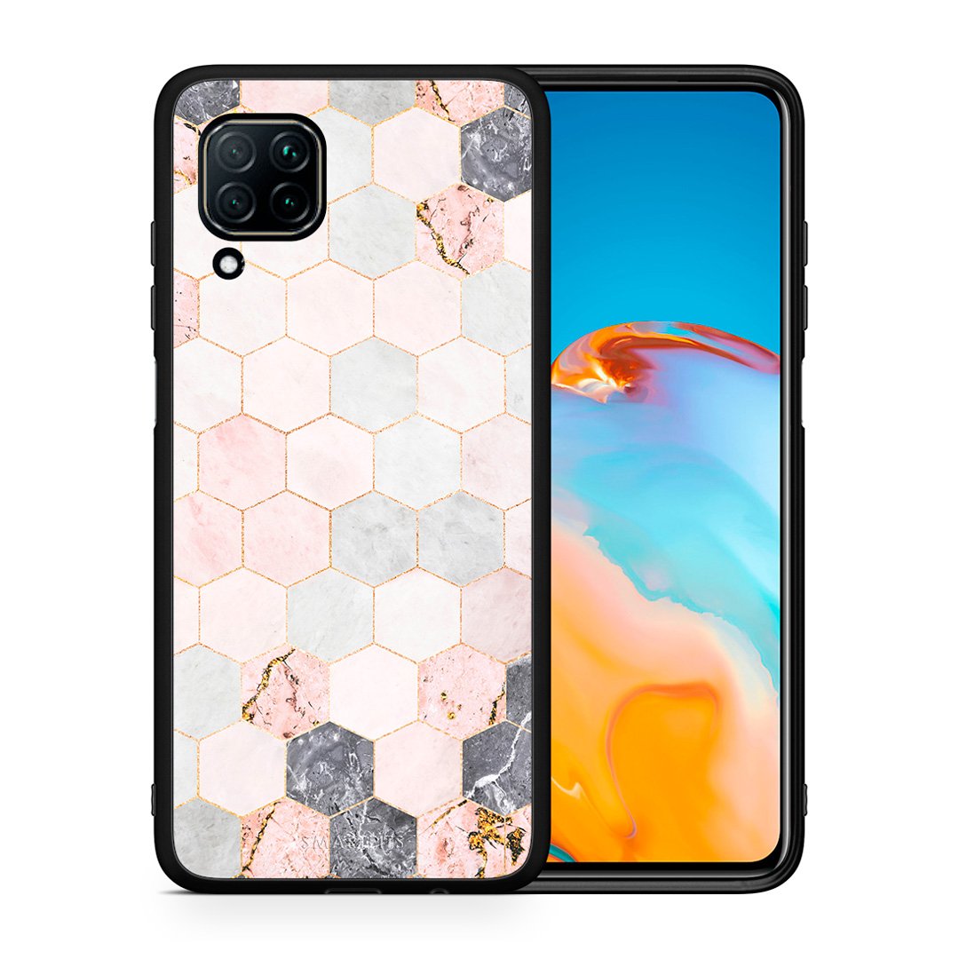 Θήκη Huawei P40 Lite Hexagon Pink Marble από τη Smartfits με σχέδιο στο πίσω μέρος και μαύρο περίβλημα | Huawei P40 Lite Hexagon Pink Marble case with colorful back and black bezels