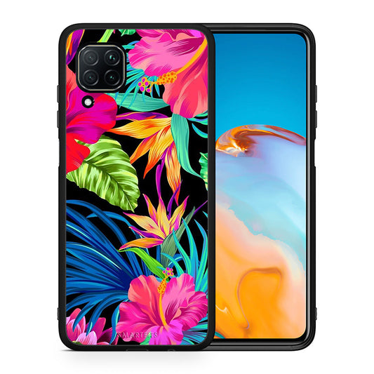 Θήκη Huawei P40 Lite Tropical Flowers από τη Smartfits με σχέδιο στο πίσω μέρος και μαύρο περίβλημα | Huawei P40 Lite Tropical Flowers case with colorful back and black bezels