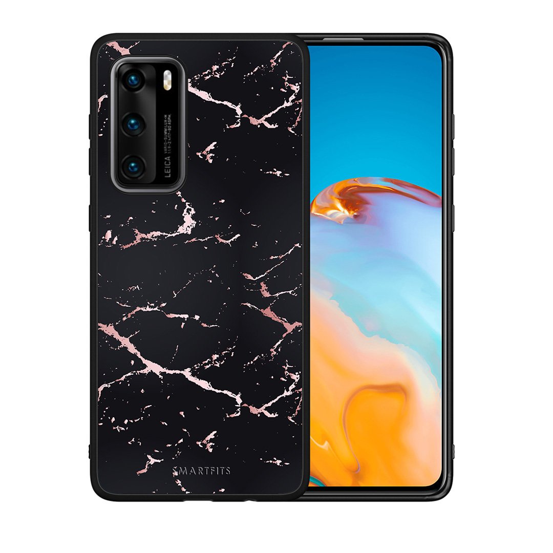 Θήκη Huawei P40 Black Rosegold Marble από τη Smartfits με σχέδιο στο πίσω μέρος και μαύρο περίβλημα | Huawei P40 Black Rosegold Marble case with colorful back and black bezels