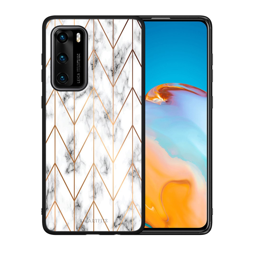 Θήκη Huawei P40 Gold Geometric Marble από τη Smartfits με σχέδιο στο πίσω μέρος και μαύρο περίβλημα | Huawei P40 Gold Geometric Marble case with colorful back and black bezels