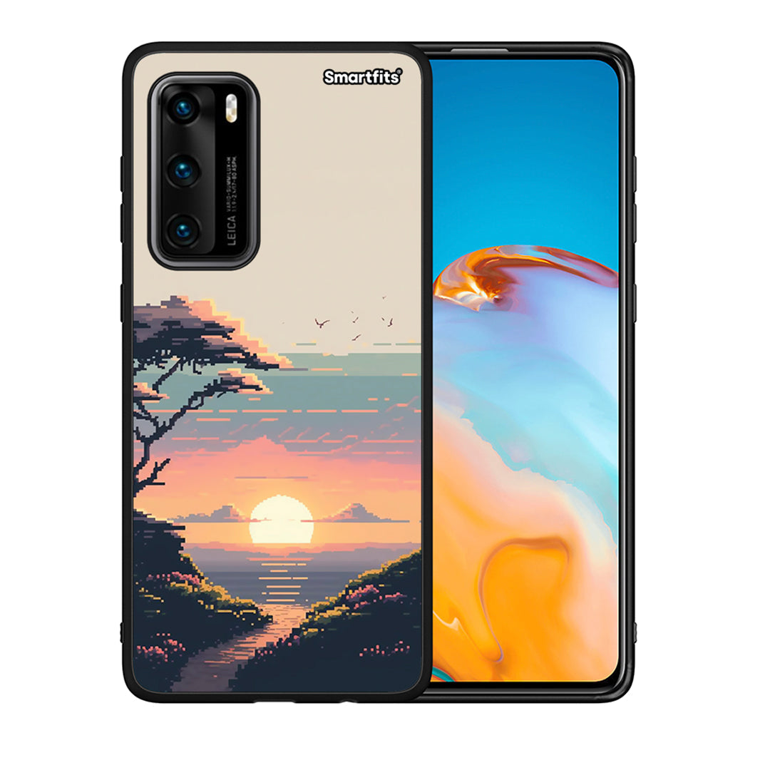 Θήκη Huawei P40 Pixel Sunset από τη Smartfits με σχέδιο στο πίσω μέρος και μαύρο περίβλημα | Huawei P40 Pixel Sunset case with colorful back and black bezels
