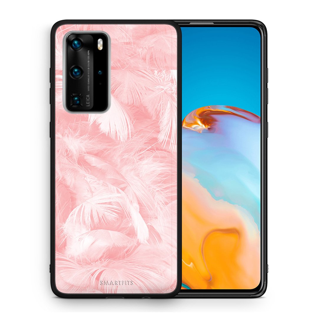 Θήκη Huawei P40 Pro Pink Feather Boho από τη Smartfits με σχέδιο στο πίσω μέρος και μαύρο περίβλημα | Huawei P40 Pro Pink Feather Boho case with colorful back and black bezels