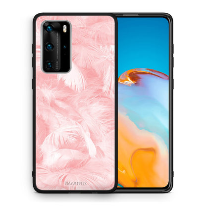 Θήκη Huawei P40 Pro Pink Feather Boho από τη Smartfits με σχέδιο στο πίσω μέρος και μαύρο περίβλημα | Huawei P40 Pro Pink Feather Boho case with colorful back and black bezels