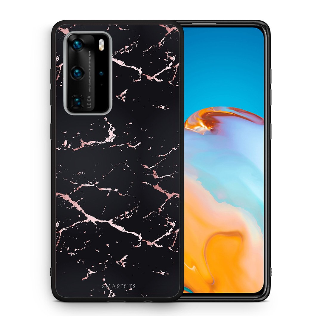 Θήκη Huawei P40 Pro Black Rosegold Marble από τη Smartfits με σχέδιο στο πίσω μέρος και μαύρο περίβλημα | Huawei P40 Pro Black Rosegold Marble case with colorful back and black bezels