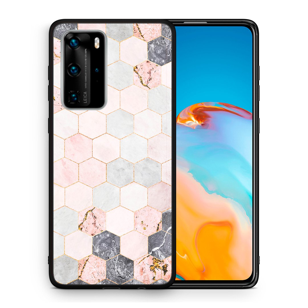 Θήκη Huawei P40 Pro Hexagon Pink Marble από τη Smartfits με σχέδιο στο πίσω μέρος και μαύρο περίβλημα | Huawei P40 Pro Hexagon Pink Marble case with colorful back and black bezels