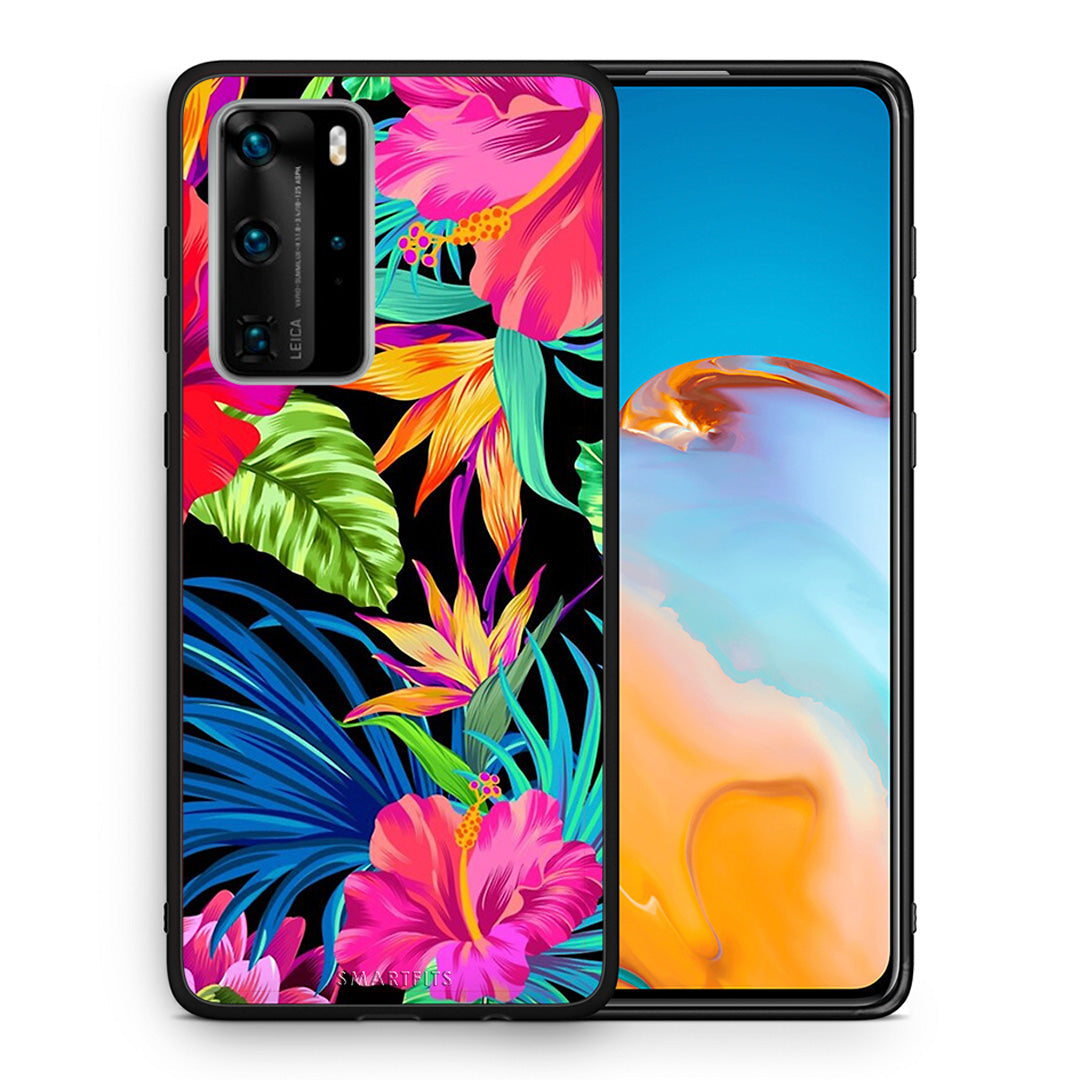 Θήκη Huawei P40 Pro Tropical Flowers από τη Smartfits με σχέδιο στο πίσω μέρος και μαύρο περίβλημα | Huawei P40 Pro Tropical Flowers case with colorful back and black bezels