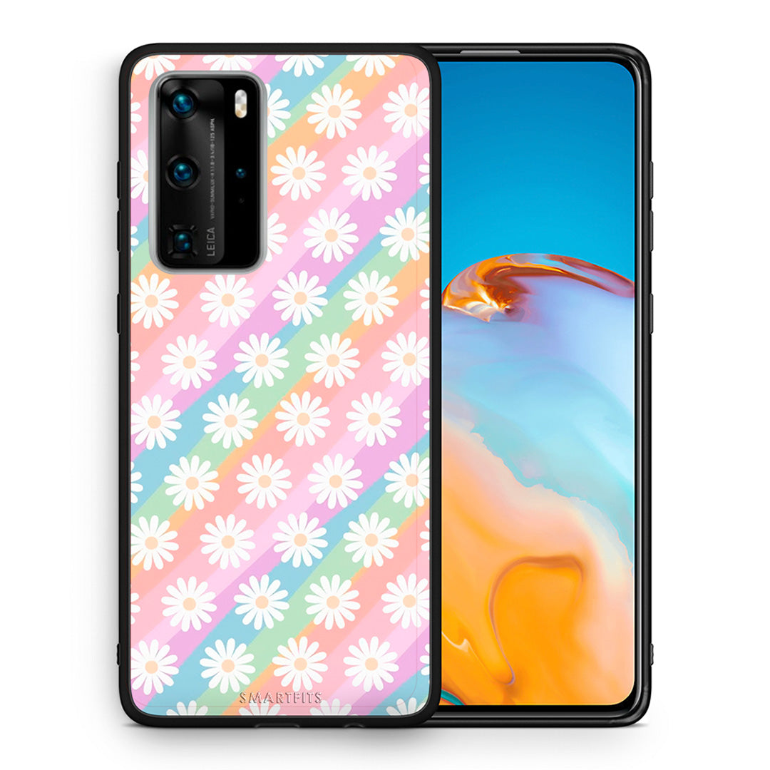 Θήκη Huawei P40 Pro White Daisies από τη Smartfits με σχέδιο στο πίσω μέρος και μαύρο περίβλημα | Huawei P40 Pro White Daisies case with colorful back and black bezels