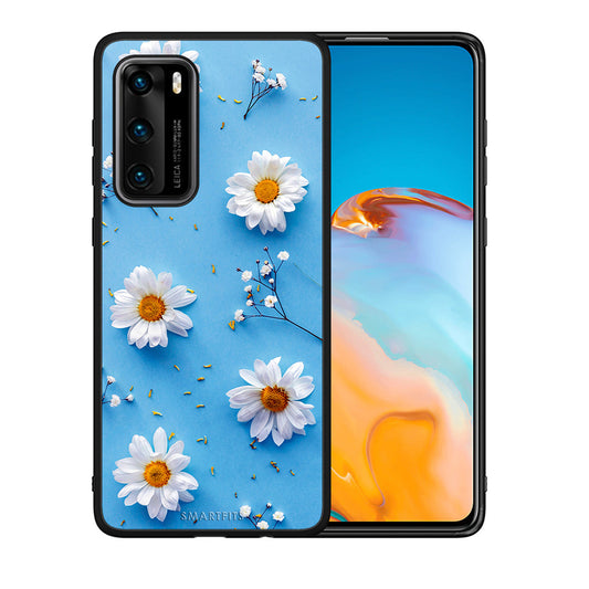 Θήκη Huawei P40 Real Daisies από τη Smartfits με σχέδιο στο πίσω μέρος και μαύρο περίβλημα | Huawei P40 Real Daisies case with colorful back and black bezels