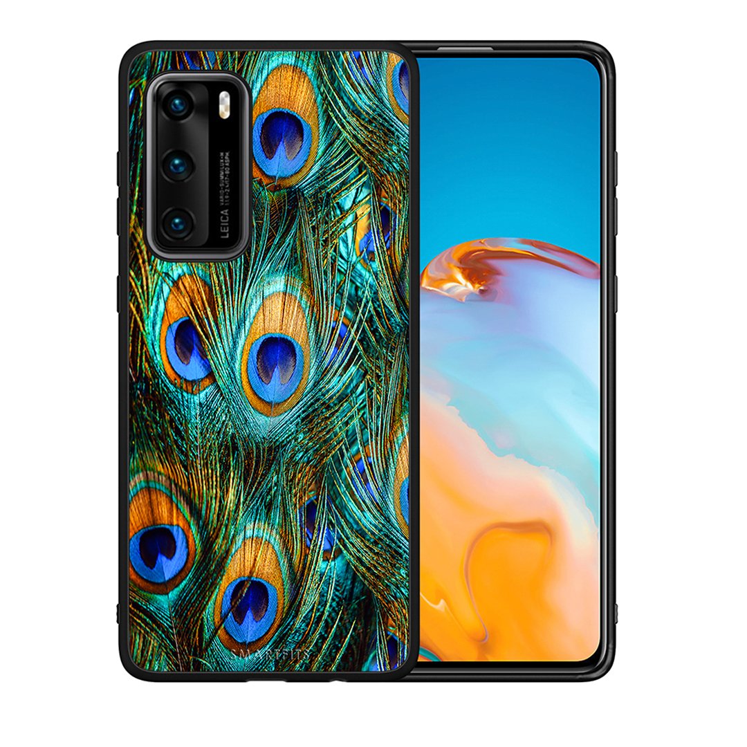 Θήκη Huawei P40 Real Peacock Feathers από τη Smartfits με σχέδιο στο πίσω μέρος και μαύρο περίβλημα | Huawei P40 Real Peacock Feathers case with colorful back and black bezels