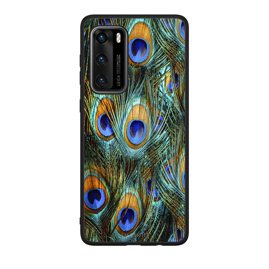 Huawei P40 Real Peacock Feathers θήκη από τη Smartfits με σχέδιο στο πίσω μέρος και μαύρο περίβλημα | Smartphone case with colorful back and black bezels by Smartfits
