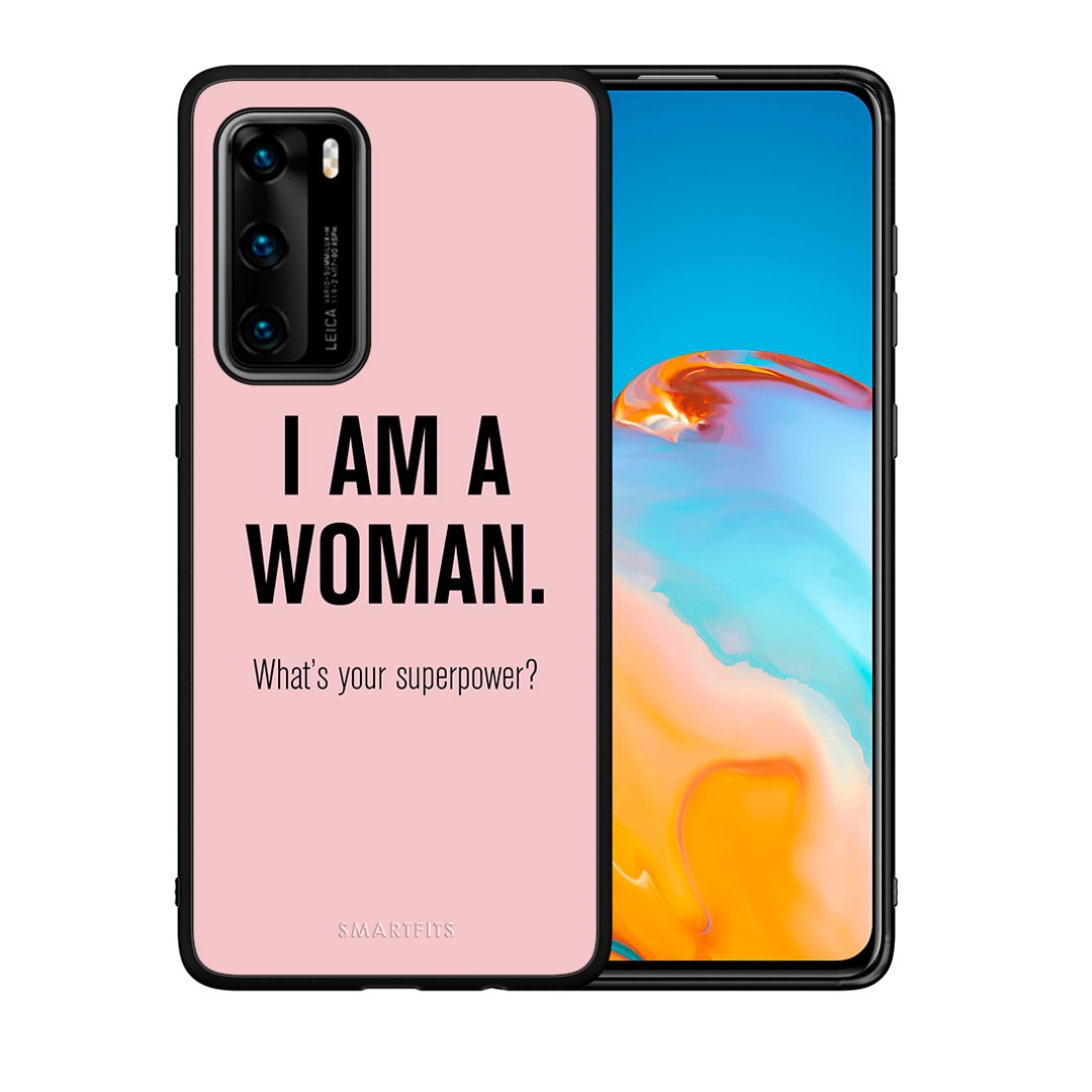Θήκη Huawei P40 Superpower Woman από τη Smartfits με σχέδιο στο πίσω μέρος και μαύρο περίβλημα | Huawei P40 Superpower Woman case with colorful back and black bezels