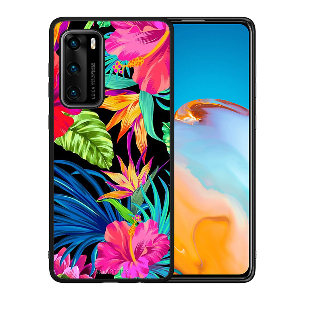 Θήκη Huawei P40 Tropical Flowers από τη Smartfits με σχέδιο στο πίσω μέρος και μαύρο περίβλημα | Huawei P40 Tropical Flowers case with colorful back and black bezels