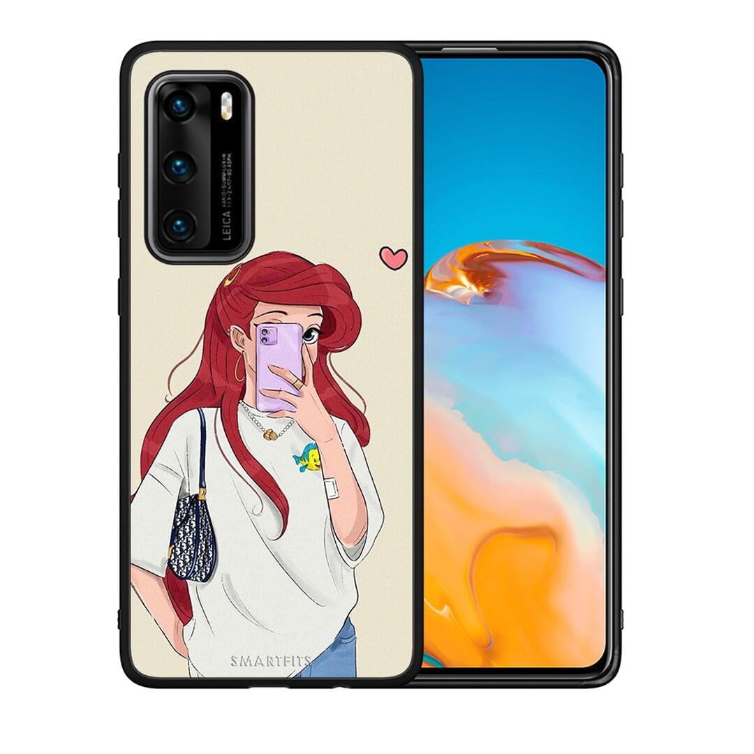 Θήκη Huawei P40 Walking Mermaid από τη Smartfits με σχέδιο στο πίσω μέρος και μαύρο περίβλημα | Huawei P40 Walking Mermaid case with colorful back and black bezels