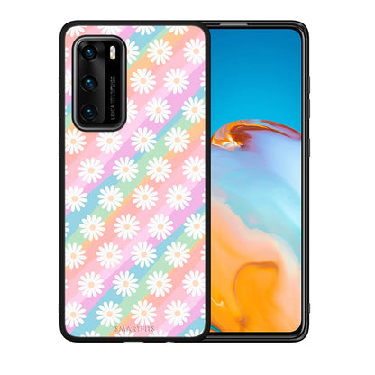 Θήκη Huawei P40 White Daisies από τη Smartfits με σχέδιο στο πίσω μέρος και μαύρο περίβλημα | Huawei P40 White Daisies case with colorful back and black bezels