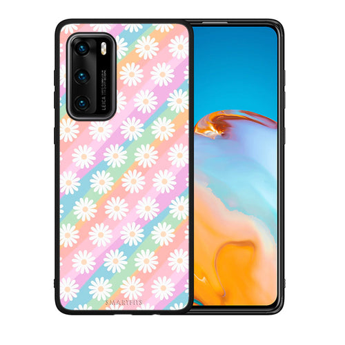 Θήκη Huawei P40 White Daisies από τη Smartfits με σχέδιο στο πίσω μέρος και μαύρο περίβλημα | Huawei P40 White Daisies case with colorful back and black bezels