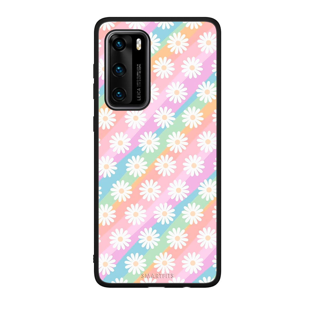 Huawei P40 White Daisies θήκη από τη Smartfits με σχέδιο στο πίσω μέρος και μαύρο περίβλημα | Smartphone case with colorful back and black bezels by Smartfits
