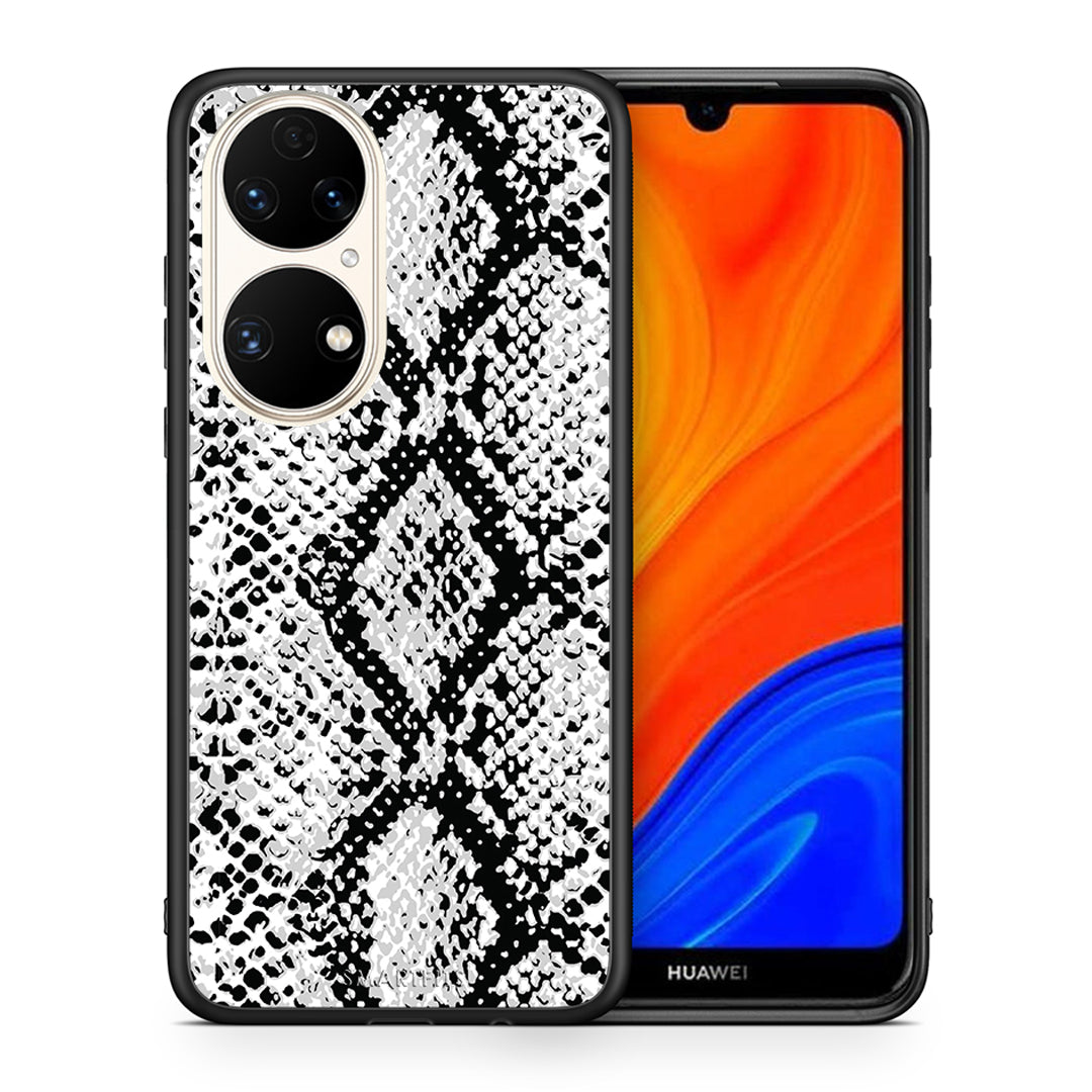 Θήκη Huawei P50 White Snake Animal από τη Smartfits με σχέδιο στο πίσω μέρος και μαύρο περίβλημα | Huawei P50 White Snake Animal case with colorful back and black bezels