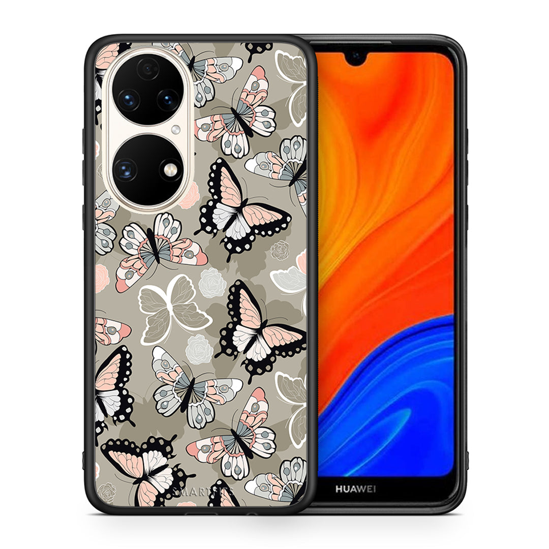 Θήκη Huawei P50 Butterflies Boho από τη Smartfits με σχέδιο στο πίσω μέρος και μαύρο περίβλημα | Huawei P50 Butterflies Boho case with colorful back and black bezels