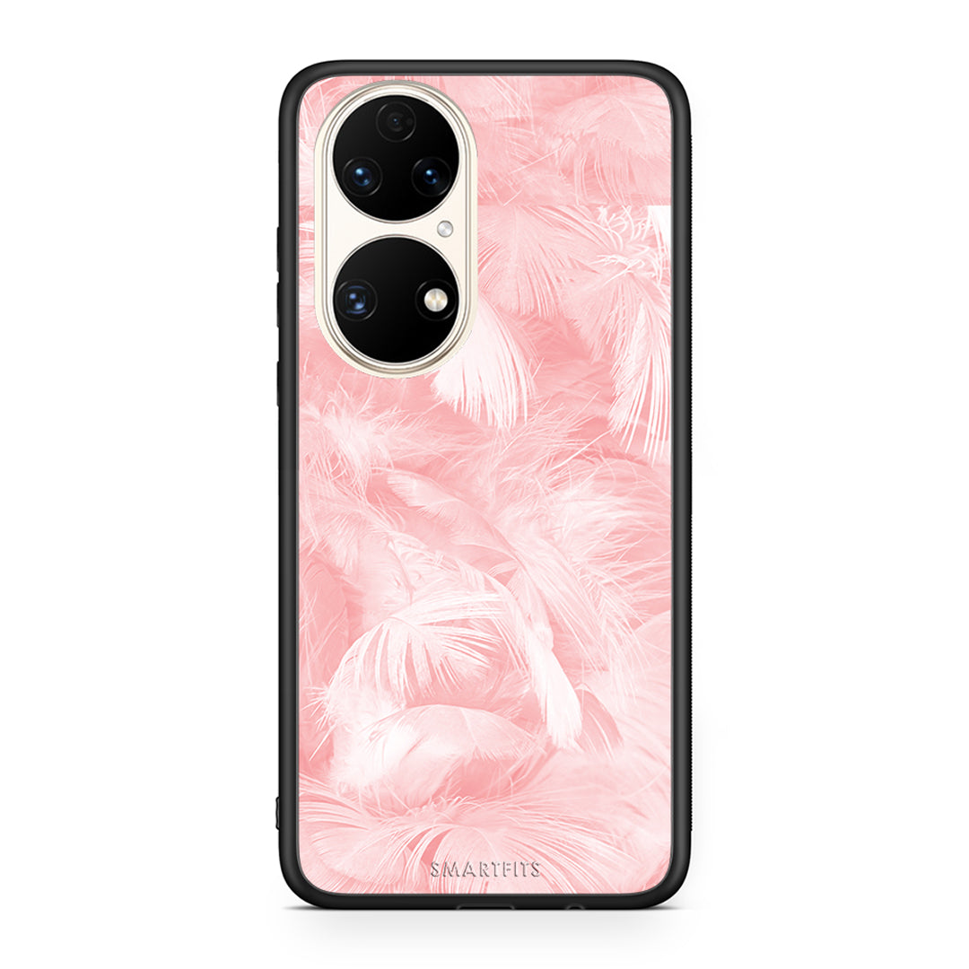33 - Huawei P50 Pink Feather Boho case, cover, bumper