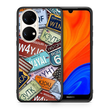 Θήκη Huawei P50 Car Plates από τη Smartfits με σχέδιο στο πίσω μέρος και μαύρο περίβλημα | Huawei P50 Car Plates case with colorful back and black bezels
