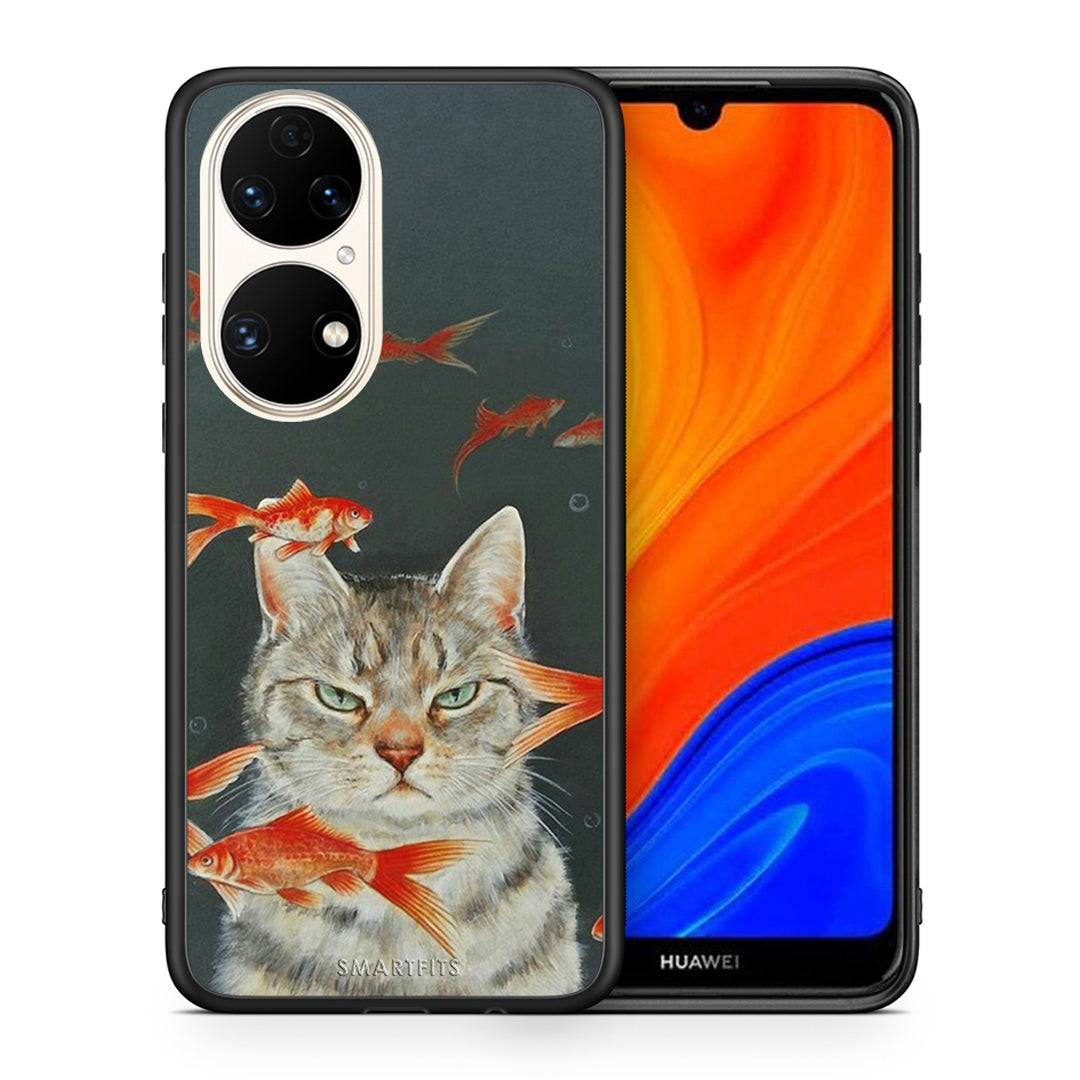 Θήκη Huawei P50 Cat Goldfish από τη Smartfits με σχέδιο στο πίσω μέρος και μαύρο περίβλημα | Huawei P50 Cat Goldfish case with colorful back and black bezels