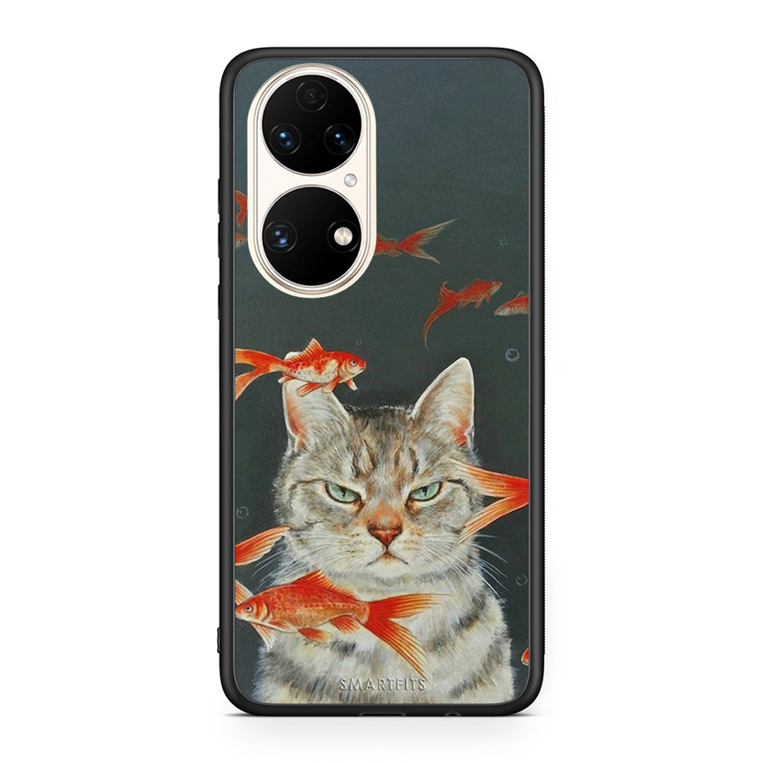 Huawei P50 Cat Goldfish θήκη από τη Smartfits με σχέδιο στο πίσω μέρος και μαύρο περίβλημα | Smartphone case with colorful back and black bezels by Smartfits