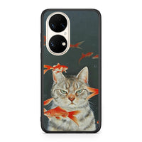 Thumbnail for Huawei P50 Cat Goldfish θήκη από τη Smartfits με σχέδιο στο πίσω μέρος και μαύρο περίβλημα | Smartphone case with colorful back and black bezels by Smartfits