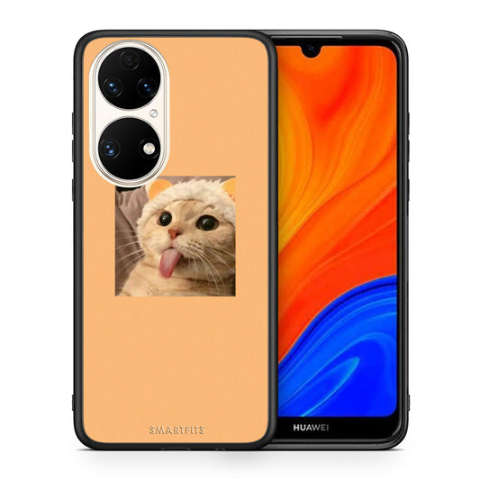 Θήκη Huawei P50 Cat Tongue από τη Smartfits με σχέδιο στο πίσω μέρος και μαύρο περίβλημα | Huawei P50 Cat Tongue case with colorful back and black bezels