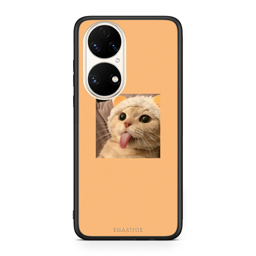 Huawei P50 Cat Tongue θήκη από τη Smartfits με σχέδιο στο πίσω μέρος και μαύρο περίβλημα | Smartphone case with colorful back and black bezels by Smartfits