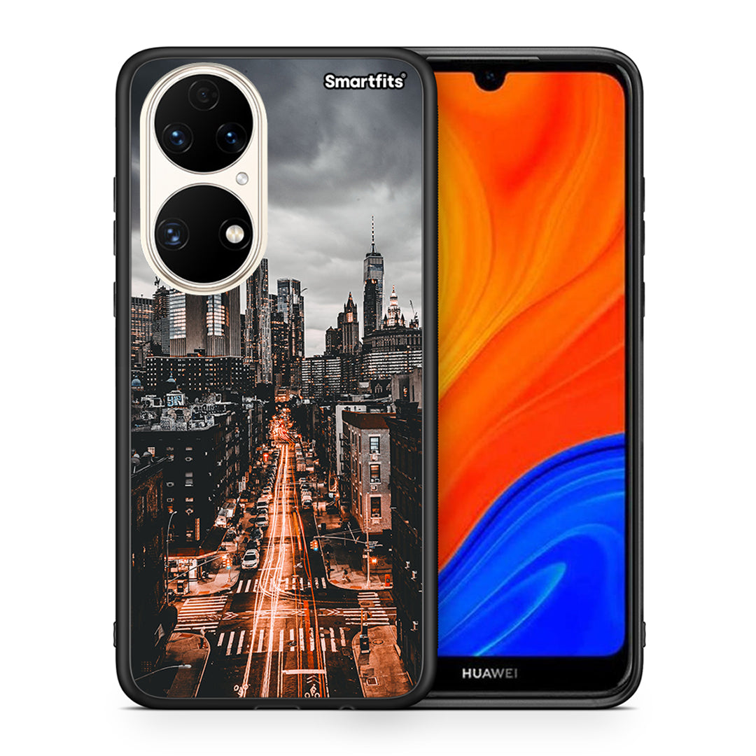 Θήκη Huawei P50 City Lights από τη Smartfits με σχέδιο στο πίσω μέρος και μαύρο περίβλημα | Huawei P50 City Lights case with colorful back and black bezels
