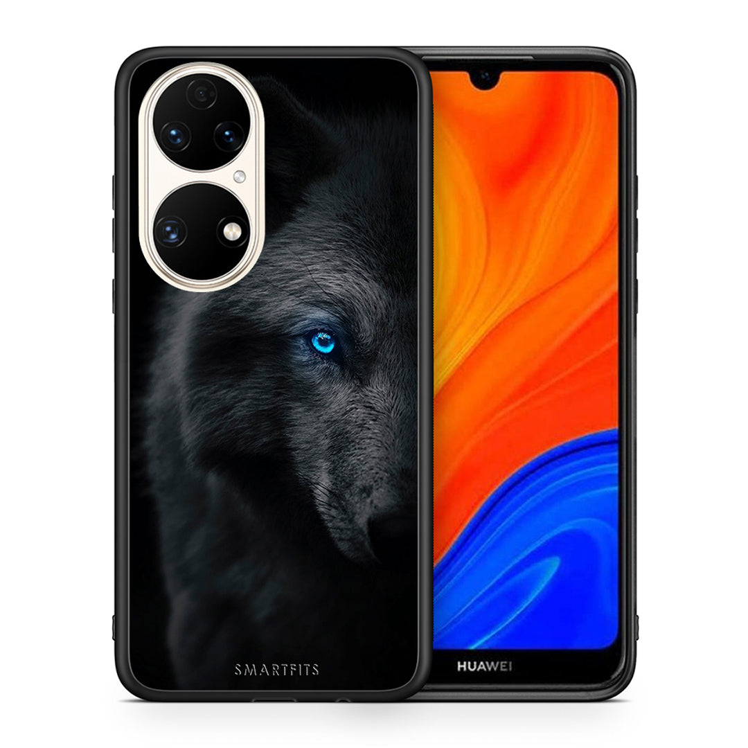Θήκη Huawei P50 Dark Wolf από τη Smartfits με σχέδιο στο πίσω μέρος και μαύρο περίβλημα | Huawei P50 Dark Wolf case with colorful back and black bezels