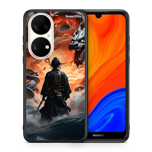 Θήκη Huawei P50 Dragons Fight από τη Smartfits με σχέδιο στο πίσω μέρος και μαύρο περίβλημα | Huawei P50 Dragons Fight case with colorful back and black bezels
