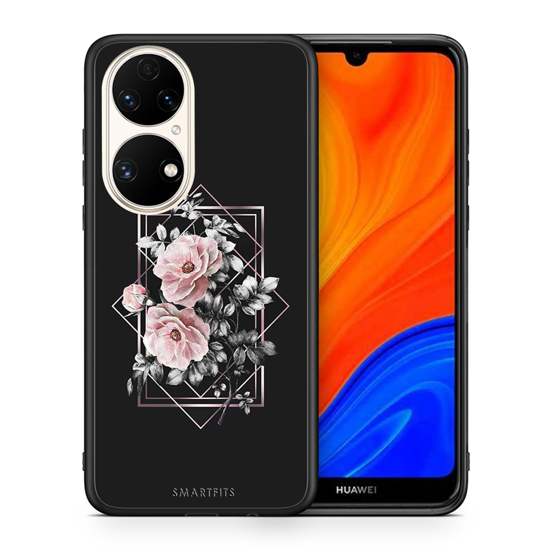 Θήκη Huawei P50 Frame Flower από τη Smartfits με σχέδιο στο πίσω μέρος και μαύρο περίβλημα | Huawei P50 Frame Flower case with colorful back and black bezels