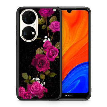 Θήκη Huawei P50 Red Roses Flower από τη Smartfits με σχέδιο στο πίσω μέρος και μαύρο περίβλημα | Huawei P50 Red Roses Flower case with colorful back and black bezels