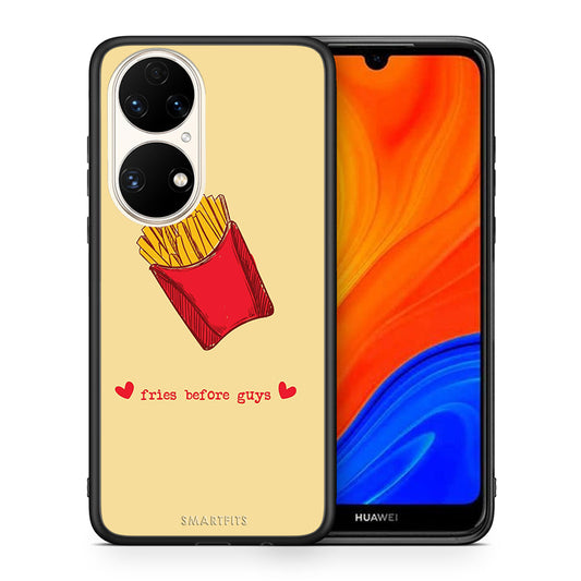Θήκη Αγίου Βαλεντίνου Huawei P50 Fries Before Guys από τη Smartfits με σχέδιο στο πίσω μέρος και μαύρο περίβλημα | Huawei P50 Fries Before Guys case with colorful back and black bezels
