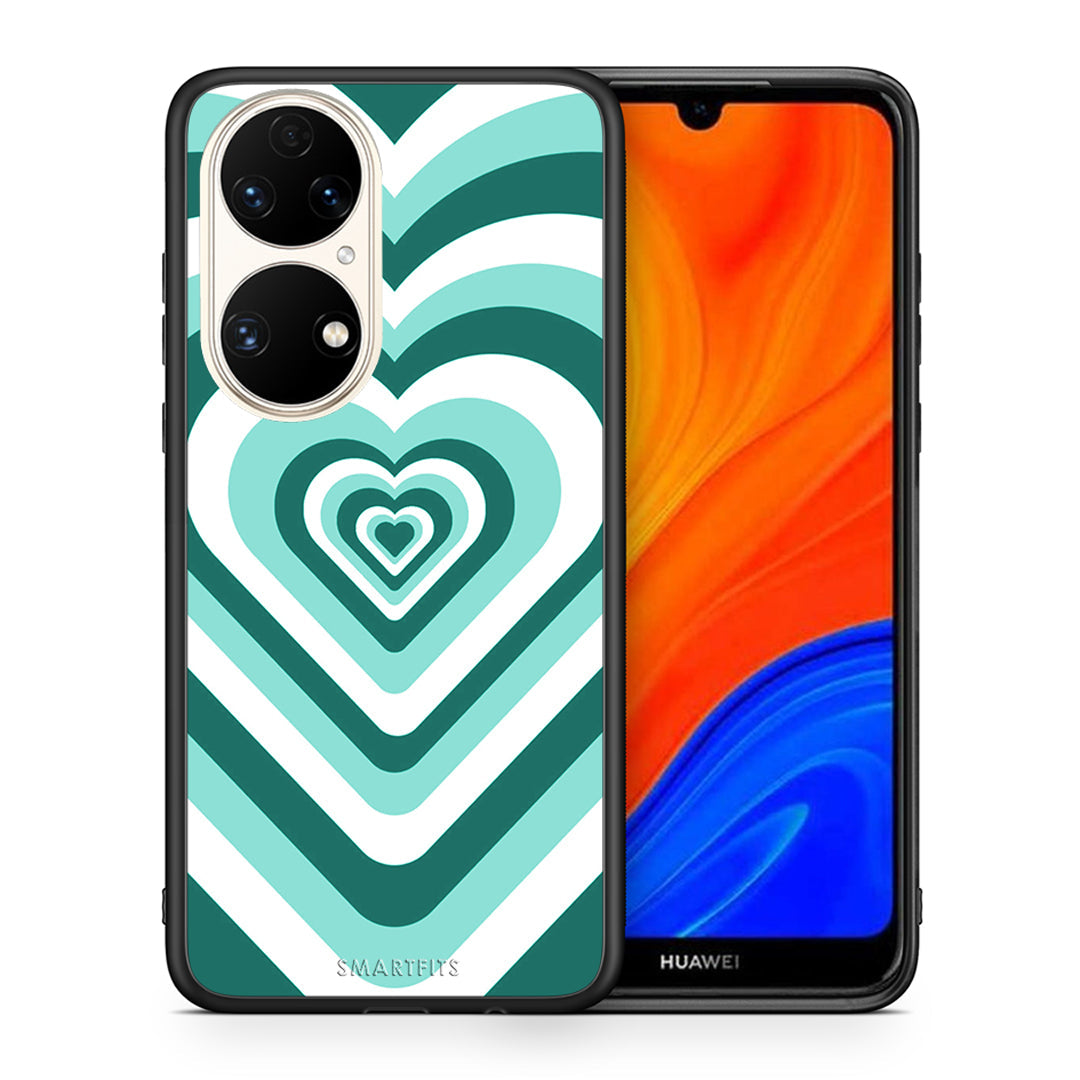 Θήκη Huawei P50 Green Hearts από τη Smartfits με σχέδιο στο πίσω μέρος και μαύρο περίβλημα | Huawei P50 Green Hearts case with colorful back and black bezels