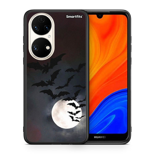 Θήκη Huawei P50 Halloween Bat Night από τη Smartfits με σχέδιο στο πίσω μέρος και μαύρο περίβλημα | Huawei P50 Halloween Bat Night case with colorful back and black bezels