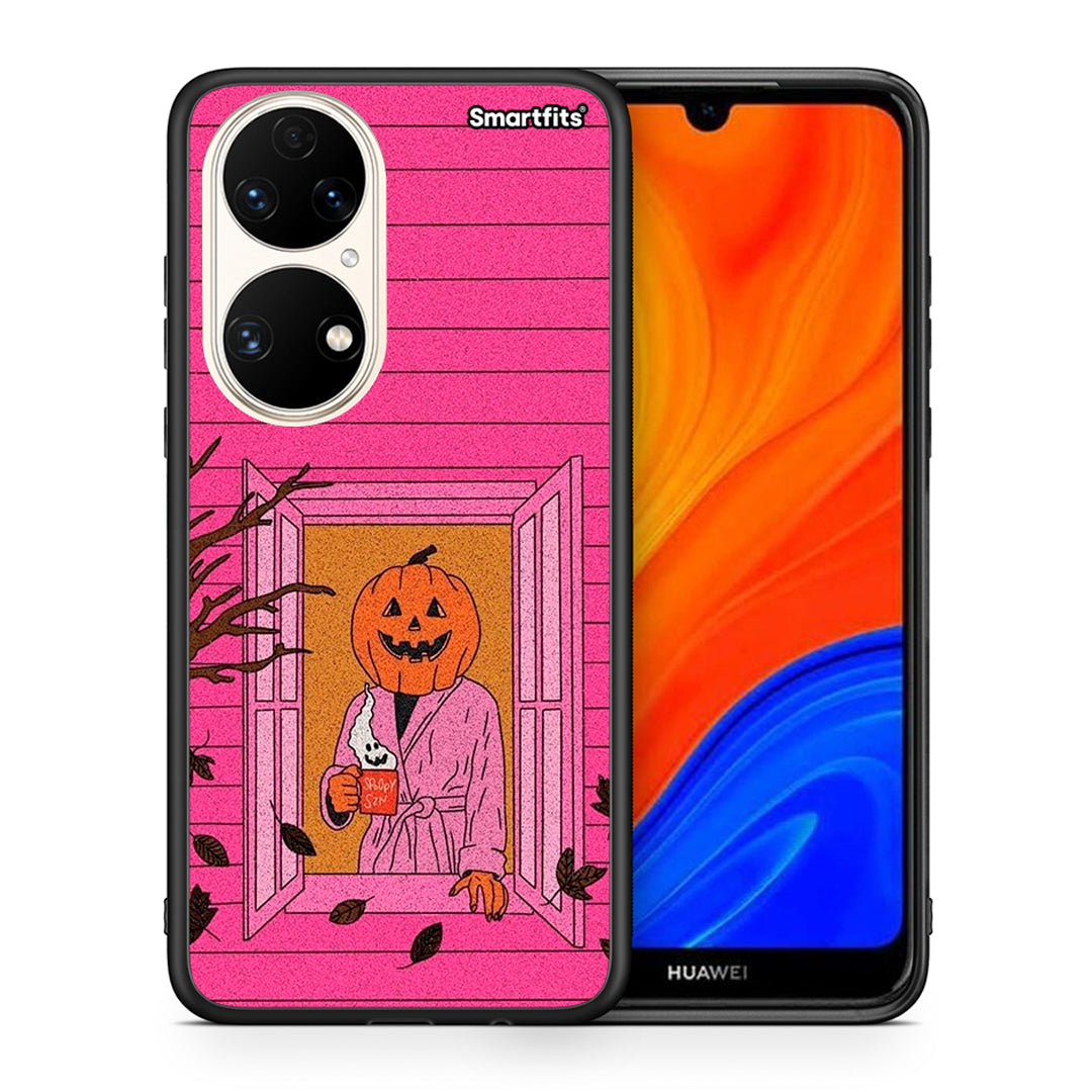 Θήκη Huawei P50 Halloween Pumpkin Lady από τη Smartfits με σχέδιο στο πίσω μέρος και μαύρο περίβλημα | Huawei P50 Halloween Pumpkin Lady case with colorful back and black bezels