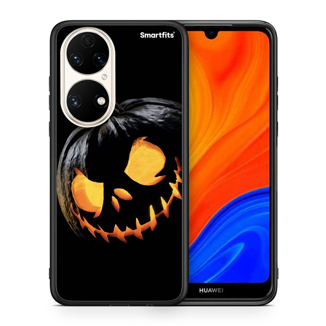 Θήκη Huawei P50 Halloween Scary Pumpkin από τη Smartfits με σχέδιο στο πίσω μέρος και μαύρο περίβλημα | Huawei P50 Halloween Scary Pumpkin case with colorful back and black bezels