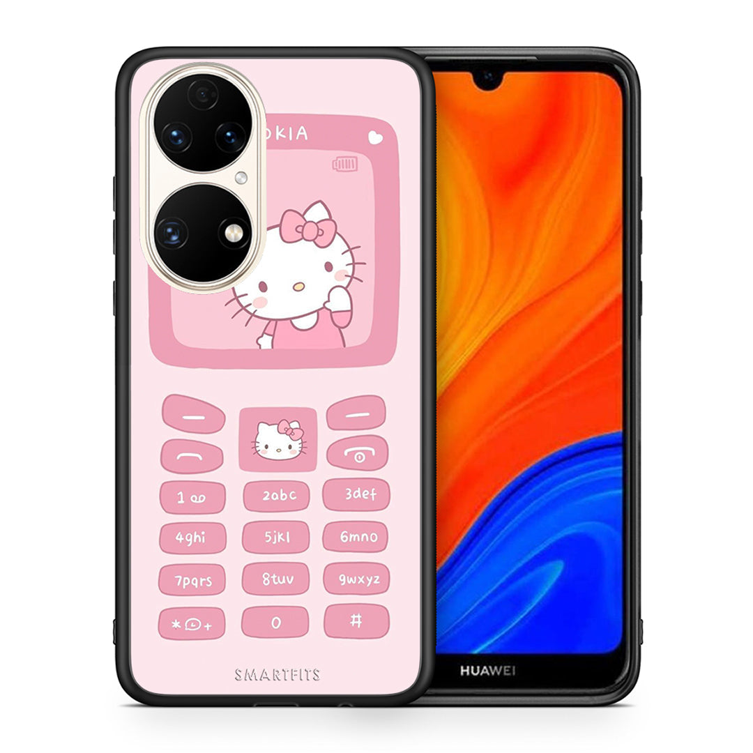 Θήκη Αγίου Βαλεντίνου Huawei P50 Hello Kitten από τη Smartfits με σχέδιο στο πίσω μέρος και μαύρο περίβλημα | Huawei P50 Hello Kitten case with colorful back and black bezels