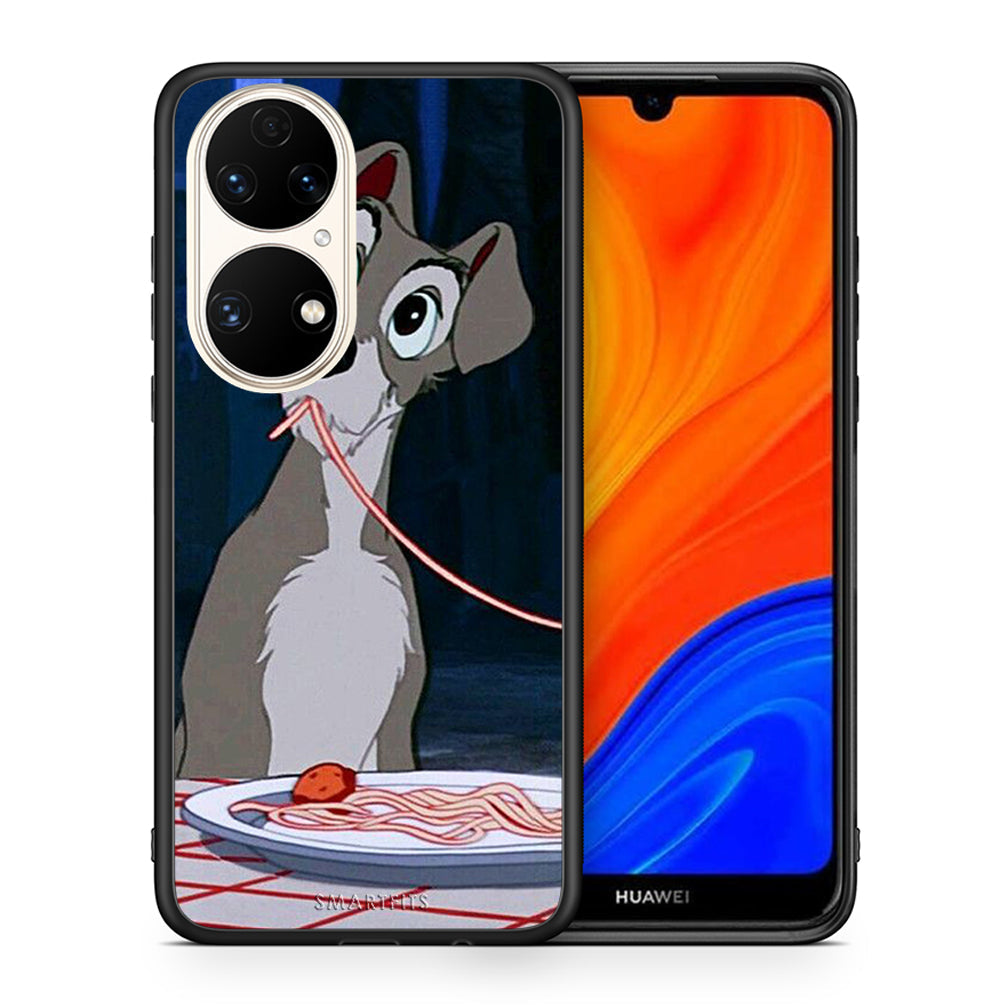Θήκη Αγίου Βαλεντίνου Huawei P50 Lady And Tramp 1 από τη Smartfits με σχέδιο στο πίσω μέρος και μαύρο περίβλημα | Huawei P50 Lady And Tramp 1 case with colorful back and black bezels