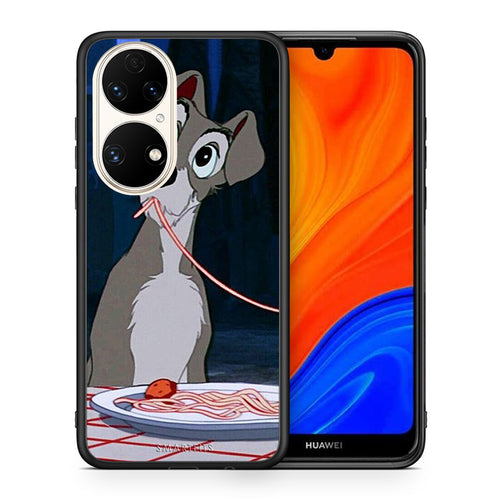 Θήκη Αγίου Βαλεντίνου Huawei P50 Lady And Tramp 1 από τη Smartfits με σχέδιο στο πίσω μέρος και μαύρο περίβλημα | Huawei P50 Lady And Tramp 1 case with colorful back and black bezels