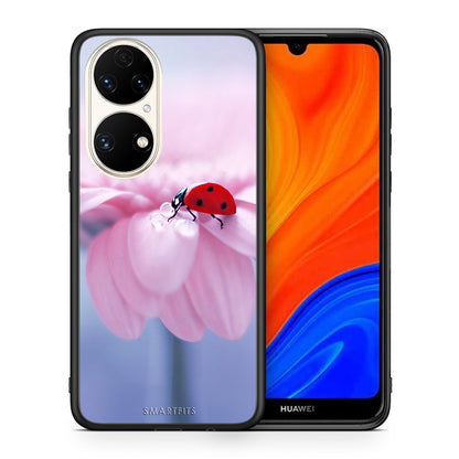 Θήκη Huawei P50 Ladybug Flower από τη Smartfits με σχέδιο στο πίσω μέρος και μαύρο περίβλημα | Huawei P50 Ladybug Flower case with colorful back and black bezels