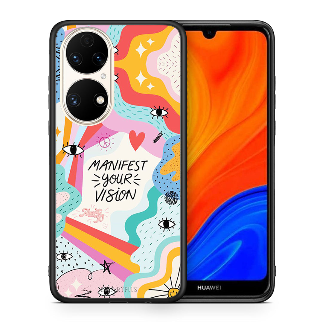 Θήκη Huawei P50 Manifest Your Vision από τη Smartfits με σχέδιο στο πίσω μέρος και μαύρο περίβλημα | Huawei P50 Manifest Your Vision case with colorful back and black bezels