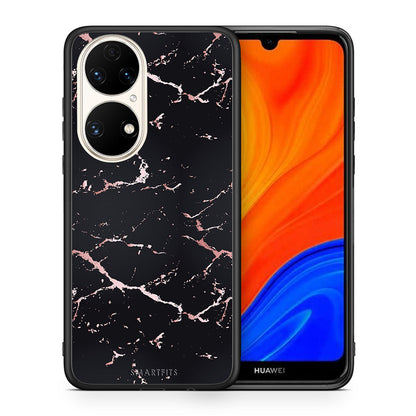 Θήκη Huawei P50 Black Rosegold Marble από τη Smartfits με σχέδιο στο πίσω μέρος και μαύρο περίβλημα | Huawei P50 Black Rosegold Marble case with colorful back and black bezels