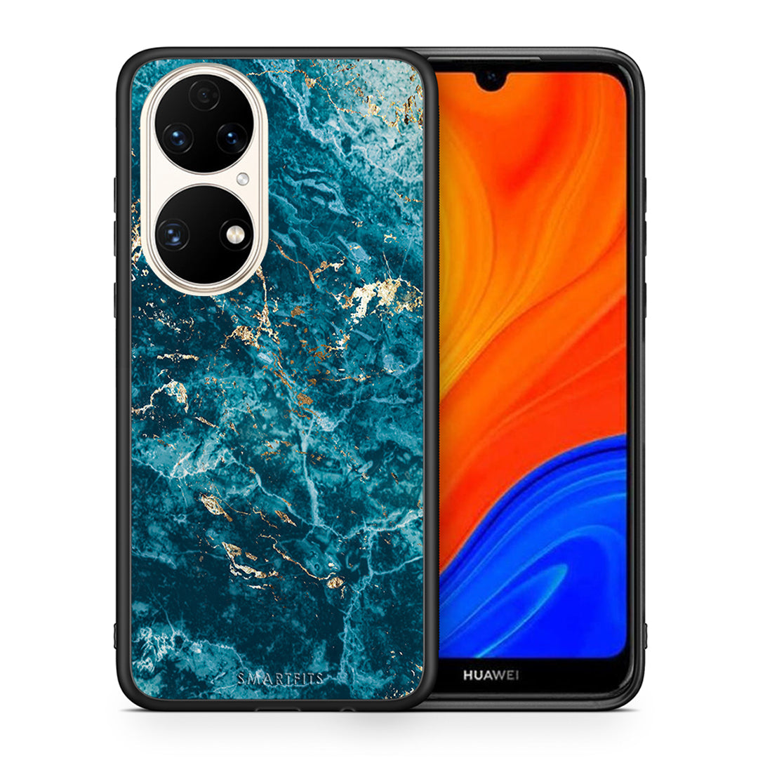 Θήκη Huawei P50 Marble Blue από τη Smartfits με σχέδιο στο πίσω μέρος και μαύρο περίβλημα | Huawei P50 Marble Blue case with colorful back and black bezels