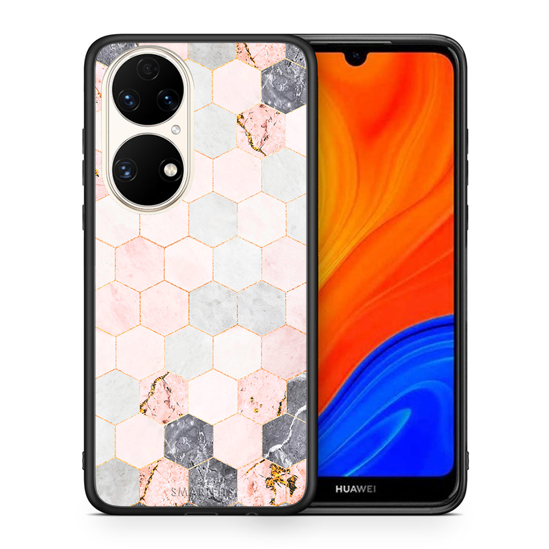 Θήκη Huawei P50 Hexagon Pink Marble από τη Smartfits με σχέδιο στο πίσω μέρος και μαύρο περίβλημα | Huawei P50 Hexagon Pink Marble case with colorful back and black bezels