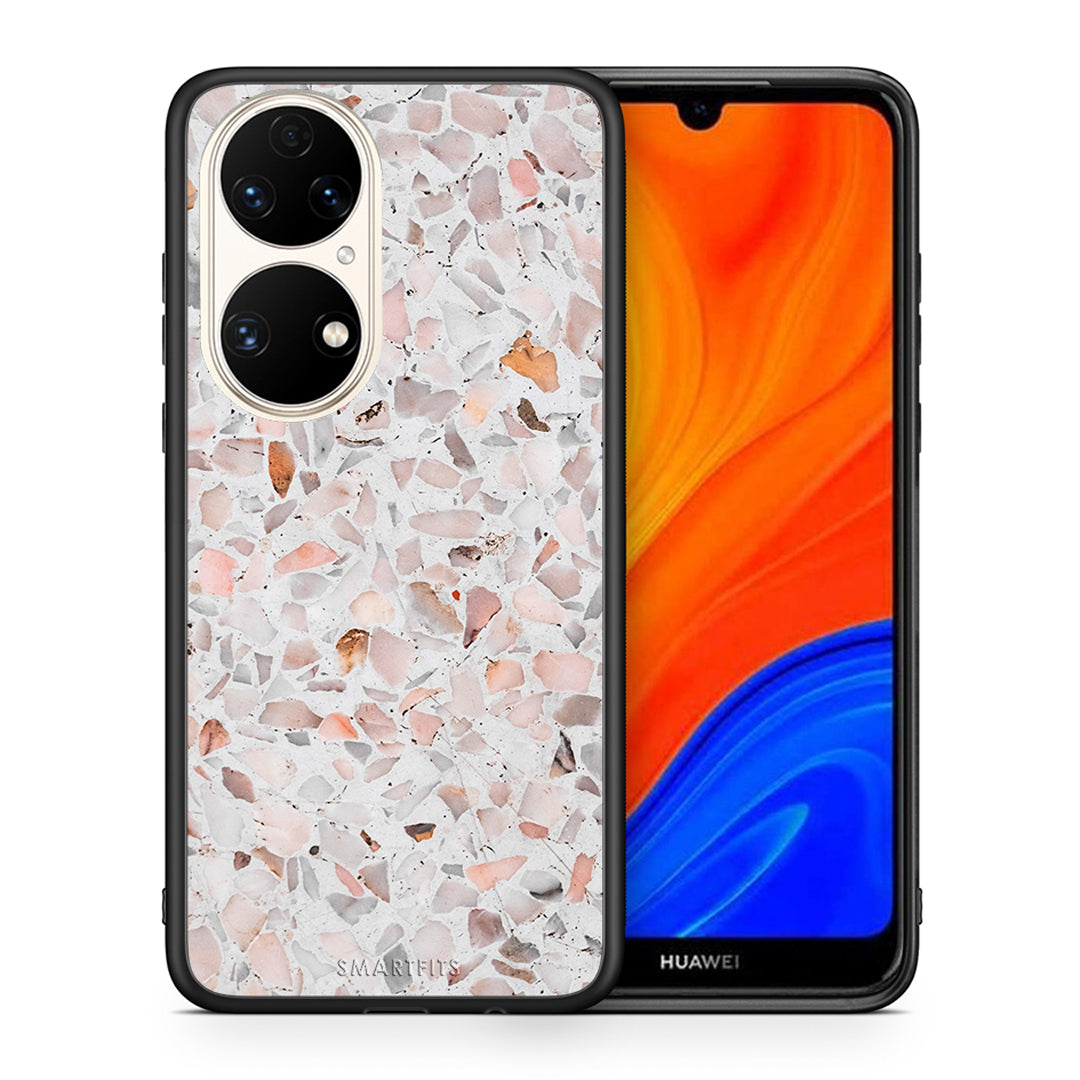 Θήκη Huawei P50 Marble Terrazzo από τη Smartfits με σχέδιο στο πίσω μέρος και μαύρο περίβλημα | Huawei P50 Marble Terrazzo case with colorful back and black bezels